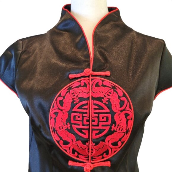 Elegant Black & Red Satin Qipao Top | Mandarin Collar | Asian Embroidered Symbol - Picture 5 of 11